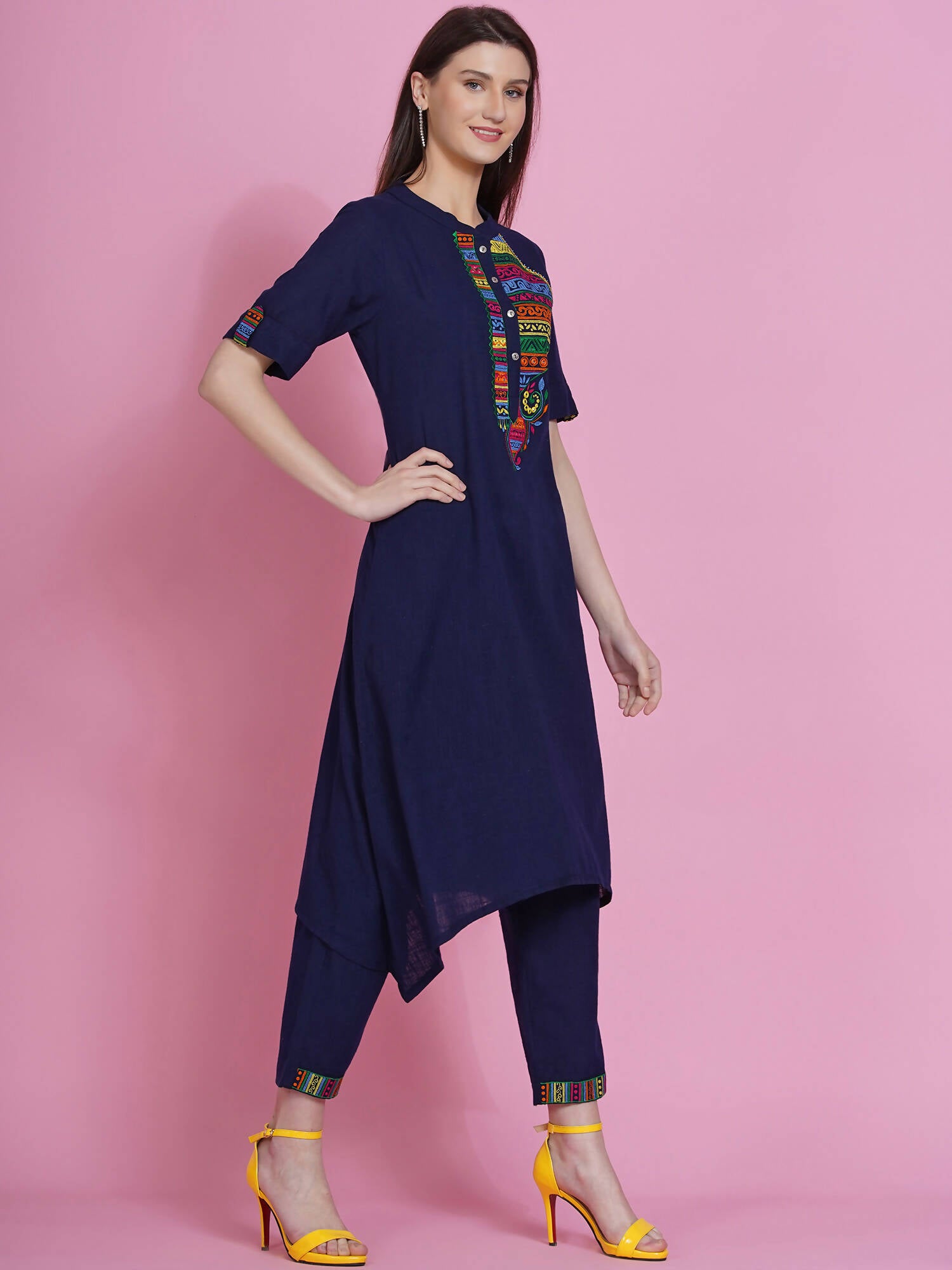 Women Republic Navy Blue Cotton Embroidered Kurta With Pants - Distacart