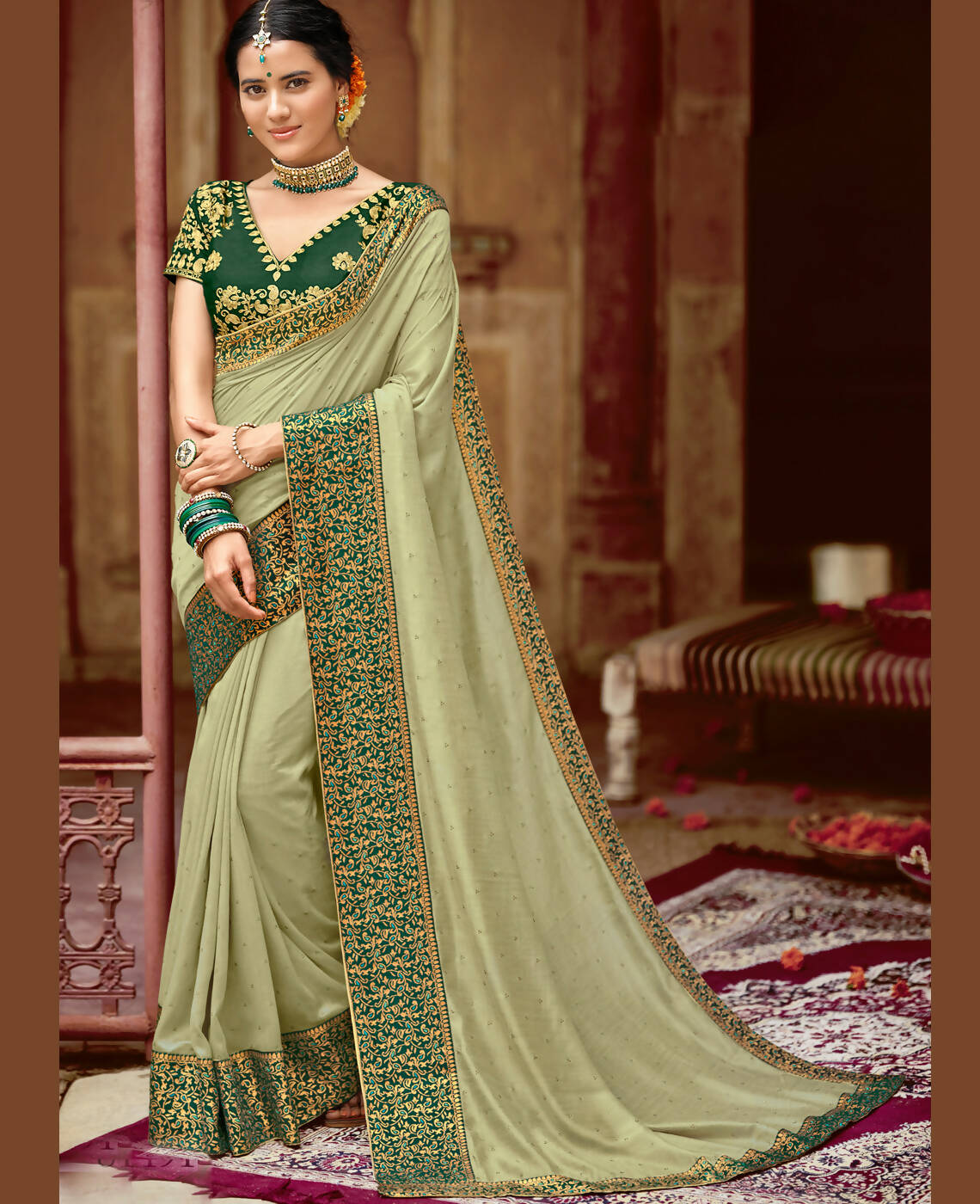 Green Vichitra Stone Work Saree With Unstitched Blouse Piece - Rosy - Distacart