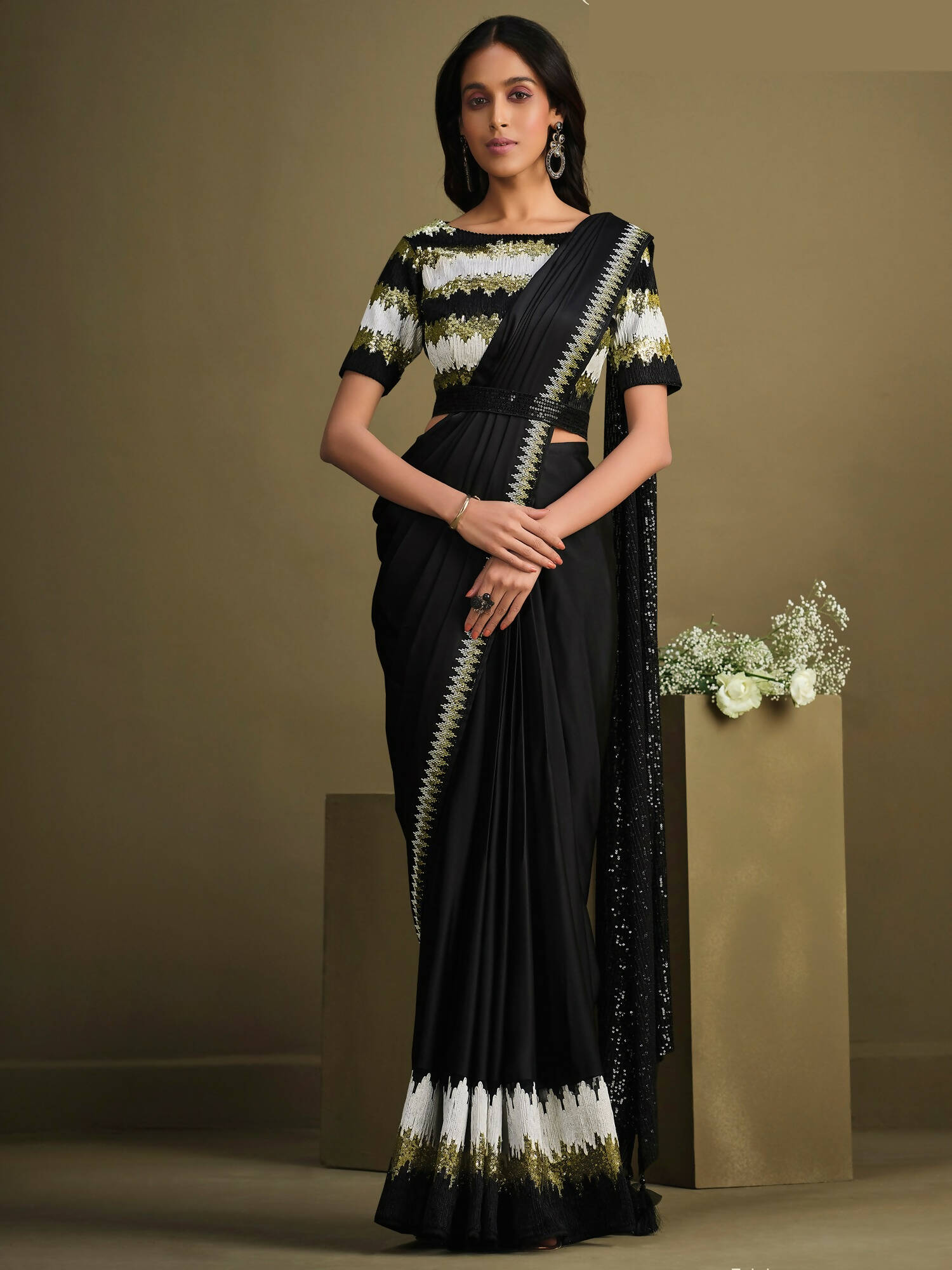 Black Crepe Silk Sequence Embroidered Saree With Stitched Blouse - Mohmanthan La Belle - Distacart
