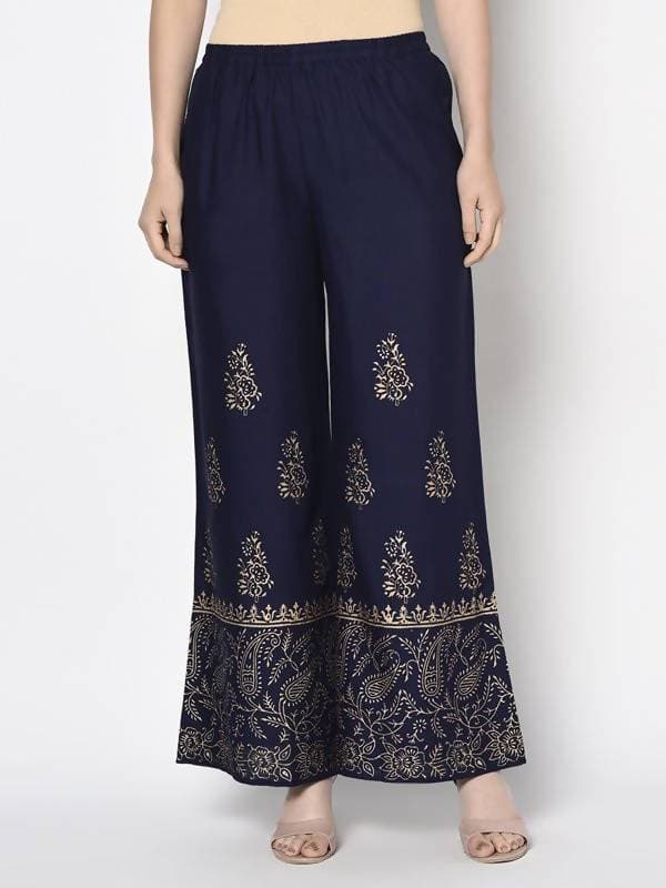 Aniyah Rayon Navy Blue Color Block Print Flared Slip-On Palazzo (AN-211K)