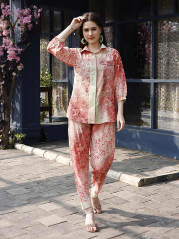 Red & Cream Rayon Paisley Printed Top with Matching Bottom - Eesha - Distacart
