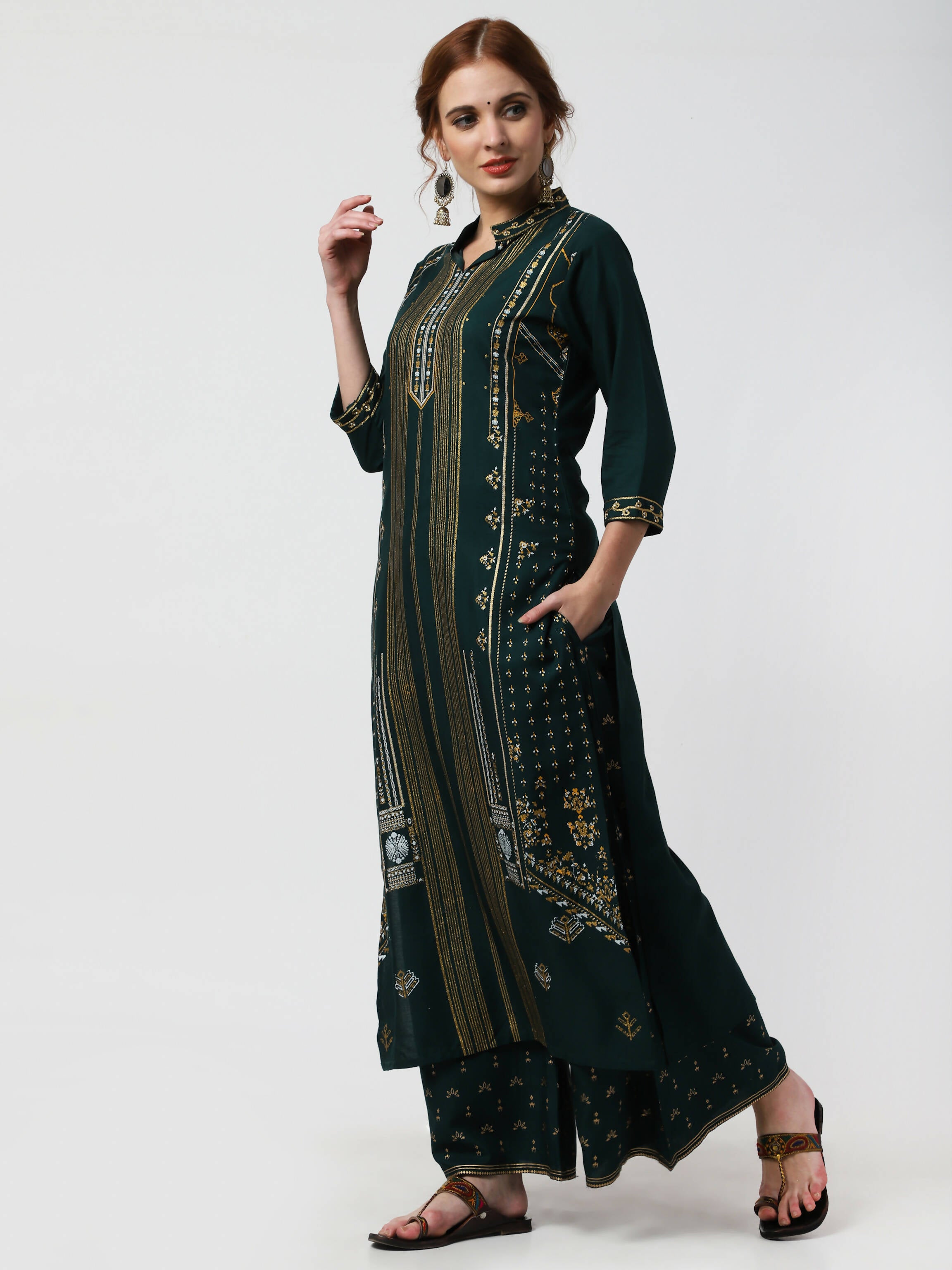 Cheera Embellished Daily Wear Cotton Blend Kurta With Palazoo - Bottle Green - Distacart