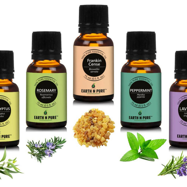 Earth N Pure Essential Oils (Eucalyptus, Rosemary, Lavender, Frankincense & Peppermint) Combo - Distacart