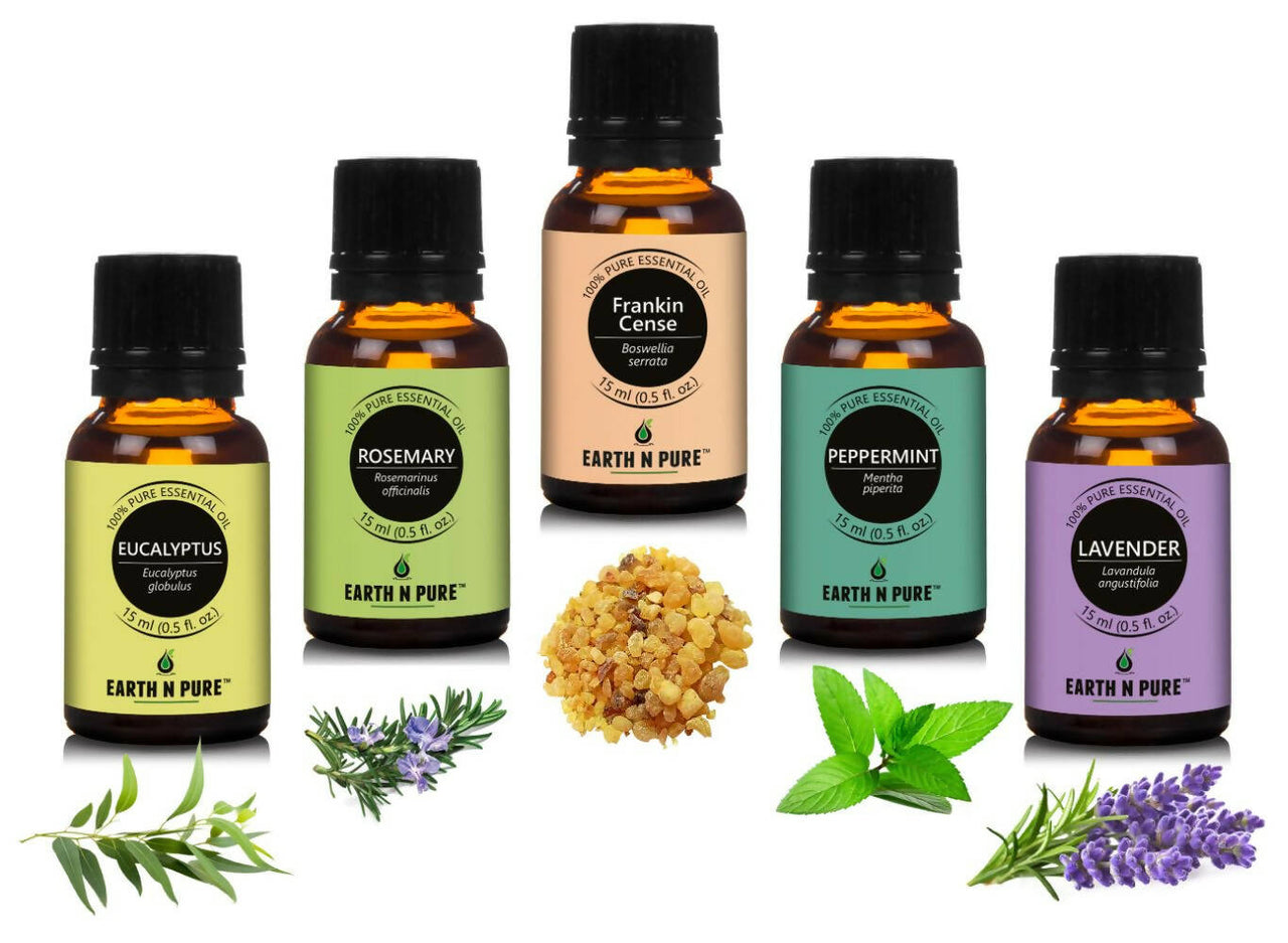 Earth N Pure Essential Oils (Eucalyptus, Rosemary, Lavender, Frankincense & Peppermint) Combo - Distacart
