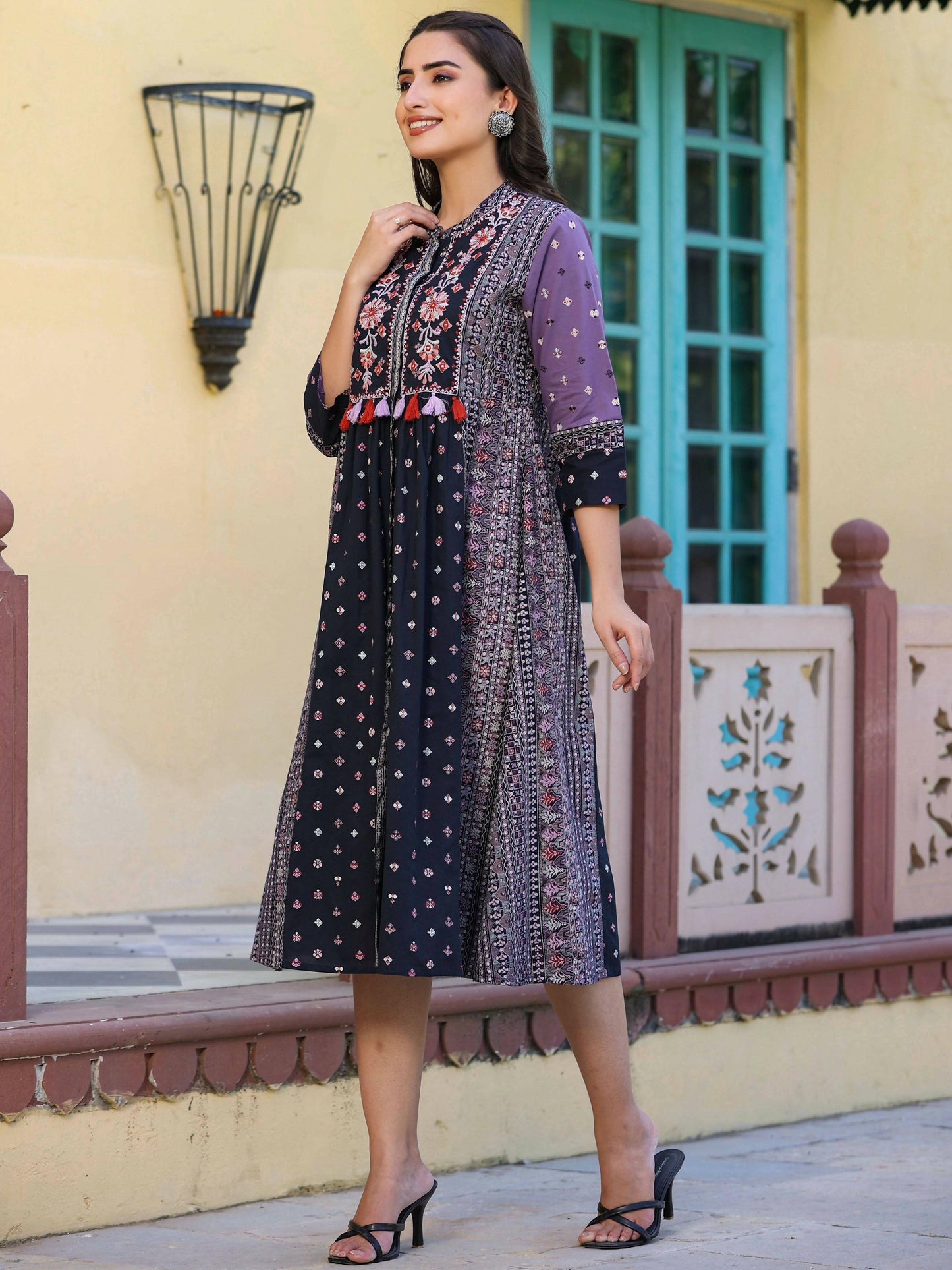 Juniper Women's Lavender Printed Embroidered Flared Dress - Distacart