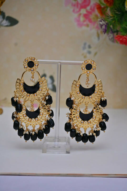 Meenakari Work Gold Plated 2 Layered Beaded Black Chandbali Earrings with Kundan and Pearl Work By House of Ree - Distacart