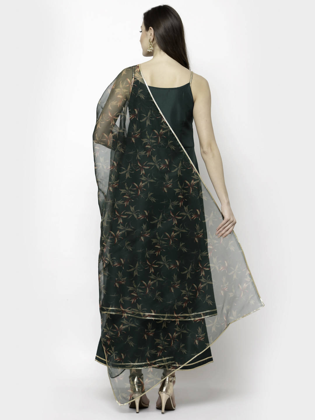 Myshka Dark Green Silk Blend Solid Sleeveless Round Neck Kurta Palazzo Dupatta Set