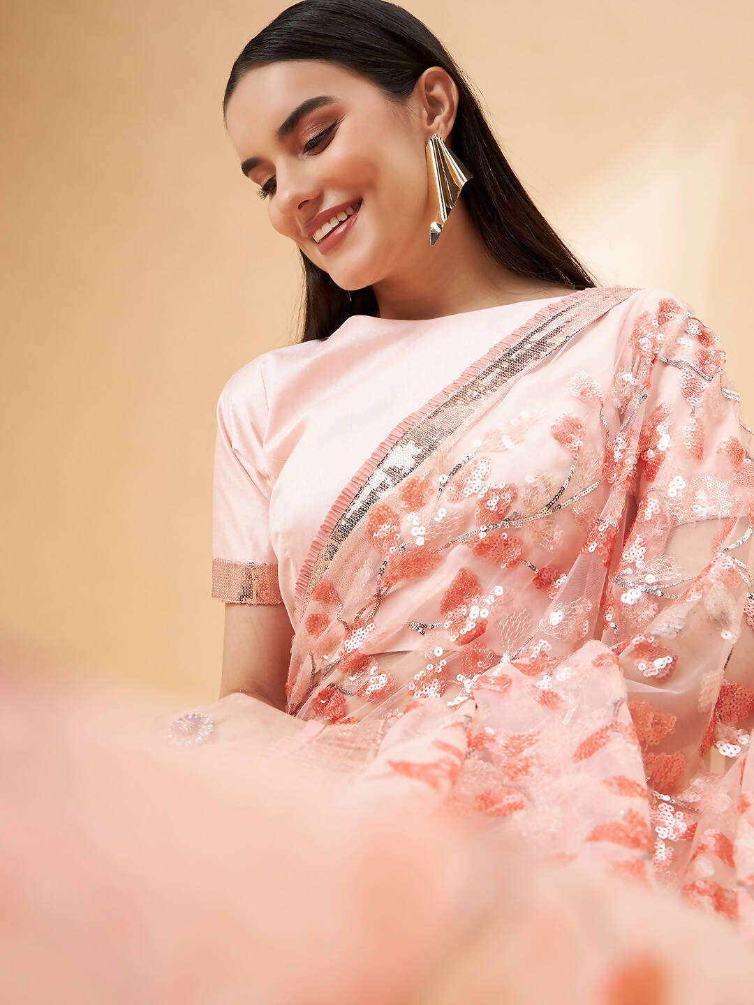 Peach Lycra Sequin Embroidery And Frills Saree - Norita Hit Design - Distacart
