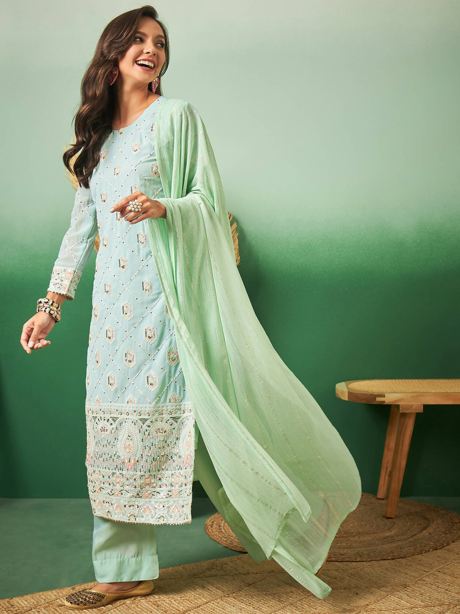 Sea Green Georgette Handwork Unstitched Dress Material - Hanika - Distacart