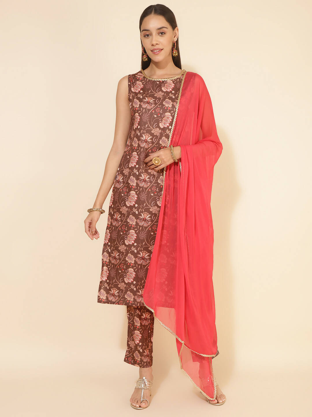Janasya Women's Brown Crepe Digital Floral Printed Festive Straight Kurta Set - Distacart