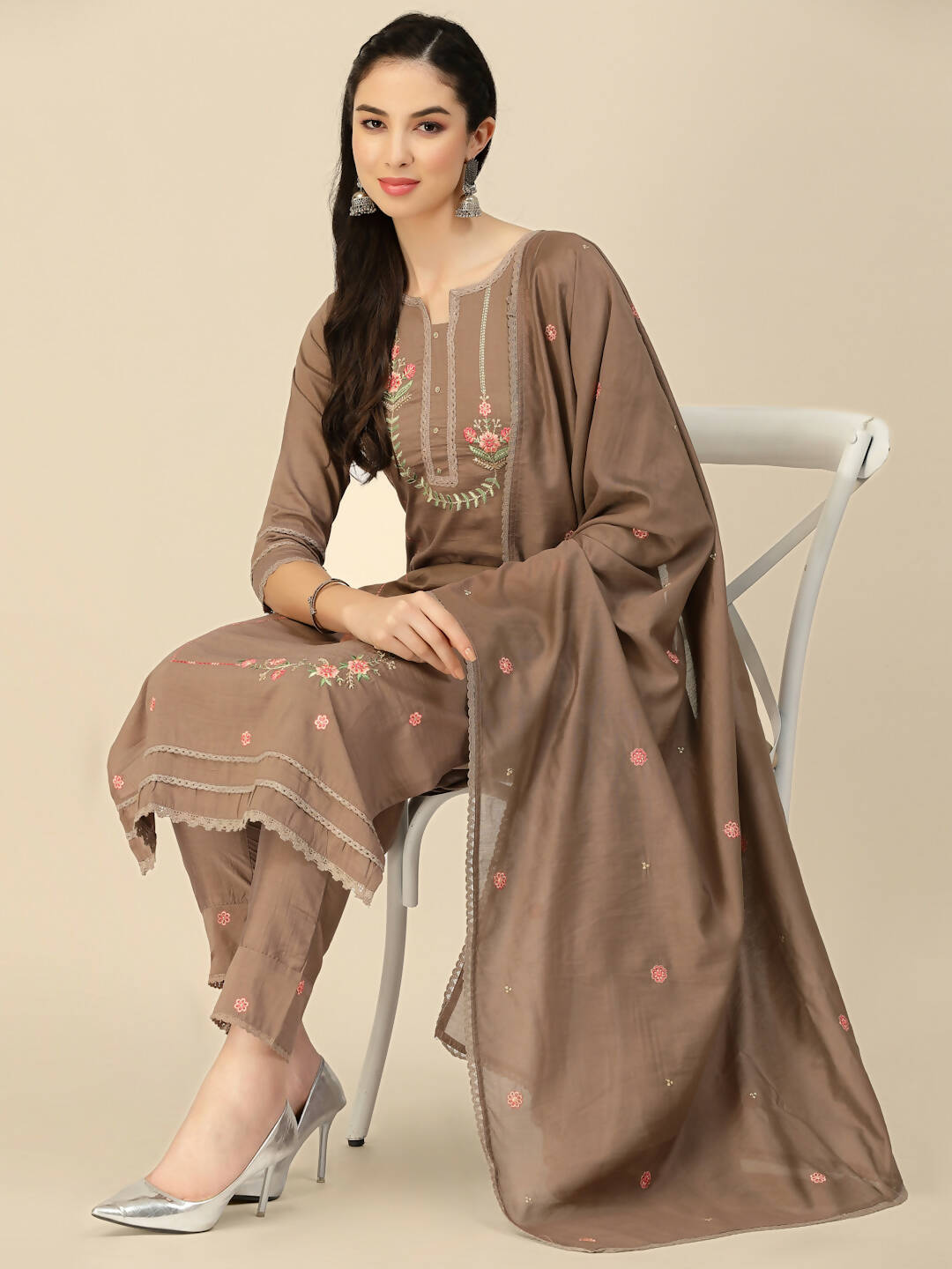 Brown Embroidered Chinon Straight Kurta With Trouser & Dupatta - Salimar - Distacart