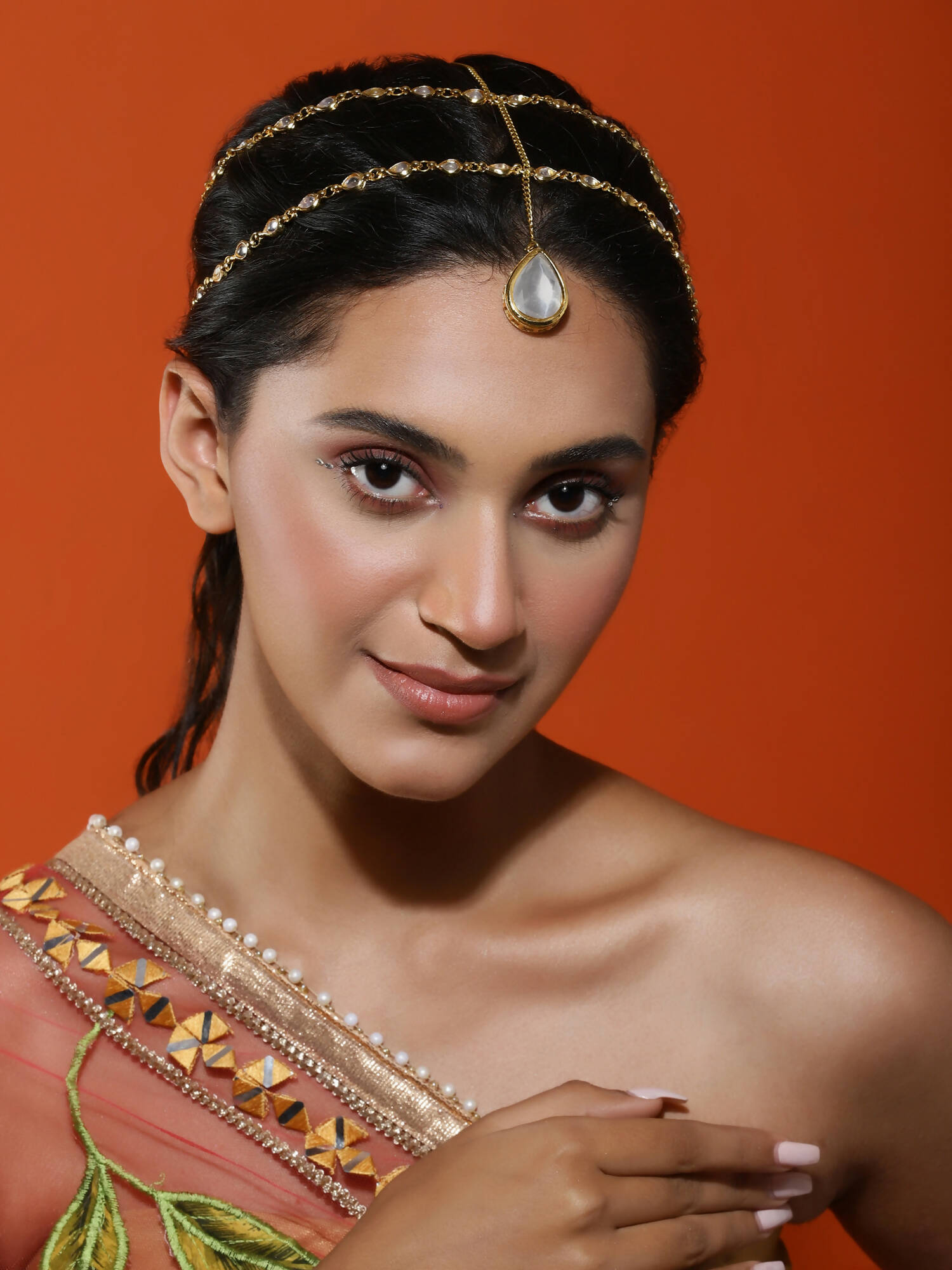 Gold-Plated White Faux Kundan-Studded Faux Pearl Beaded Handcrafted Matha Patti - Ruby Raang - Distacart