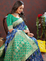 Thumbnail for Lorenvalley Fashion Blue & Green Patola Silk Woven Design Meenakari Weaving Saree - Distacart