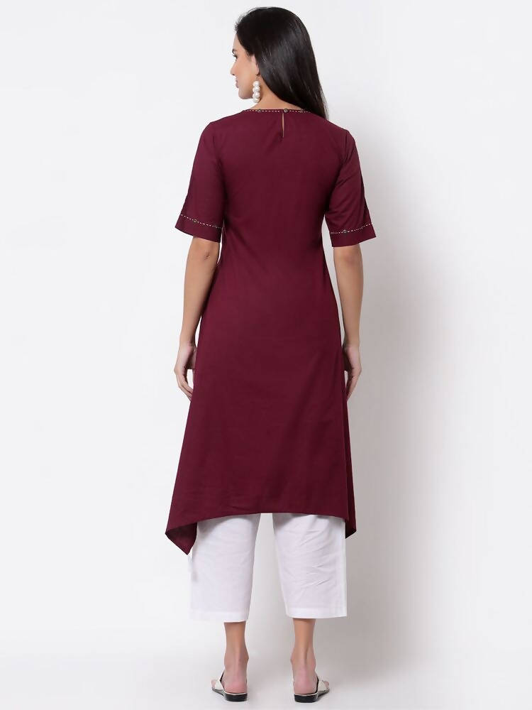 Myshka Women's Pure Cotton 3/4 Sleeve Round Neck Casual Maroon Dress