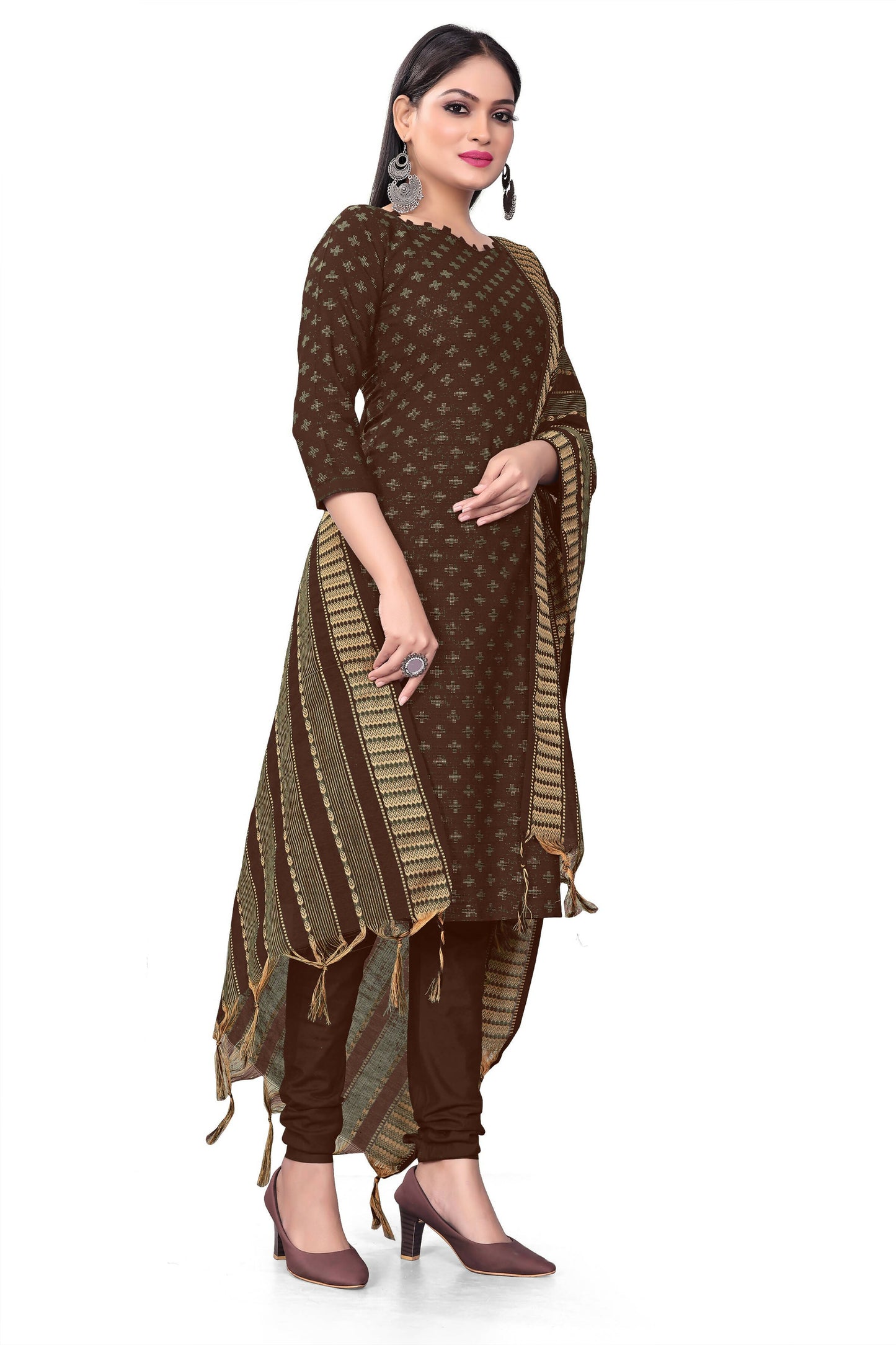 Brown Cotton Jacquard Woven Unstitched Dress Material - Amara - Distacart