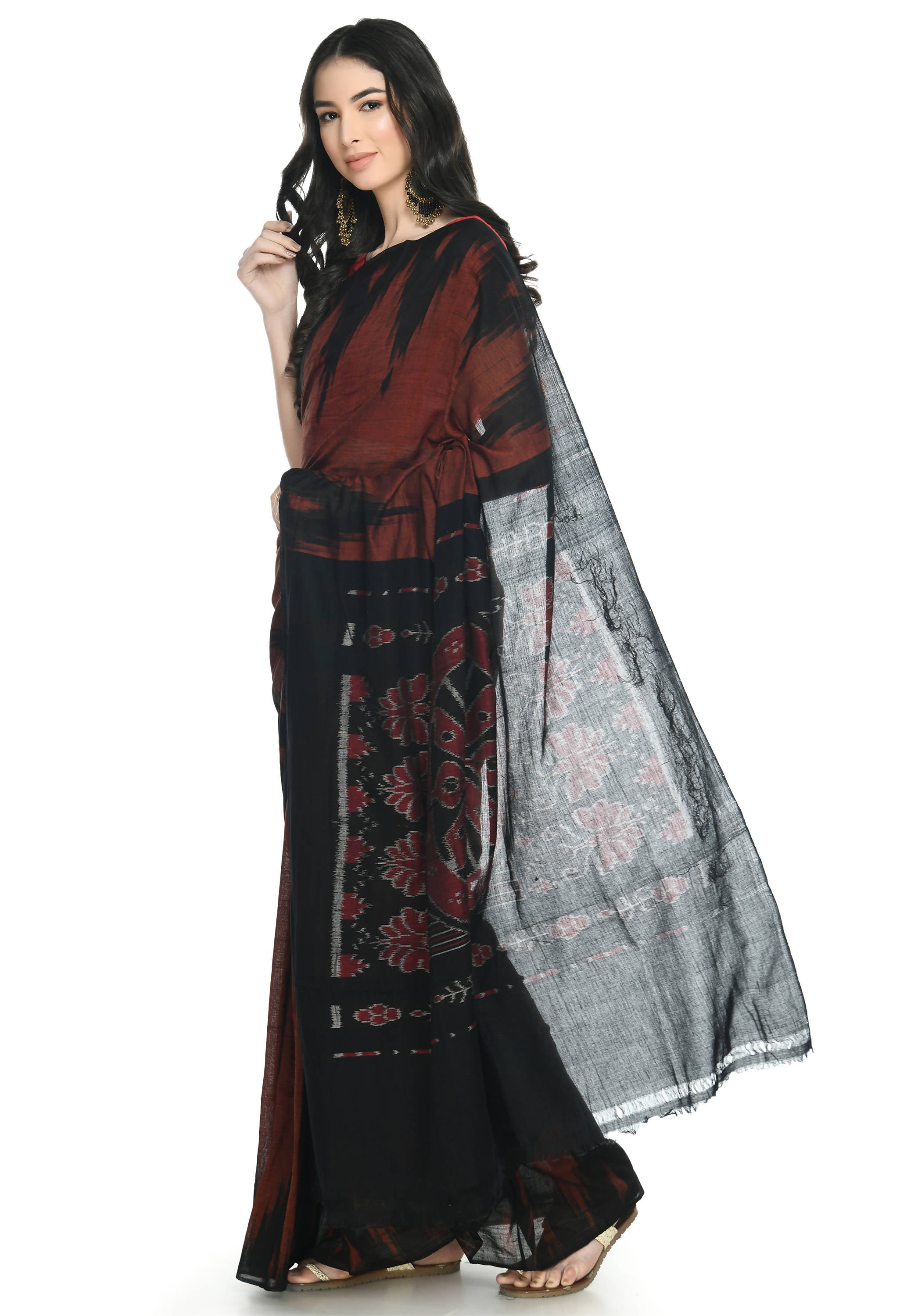 Vamika Sambalpuri Ikat Cotton Kargil Brown & Black Saree - Distacart