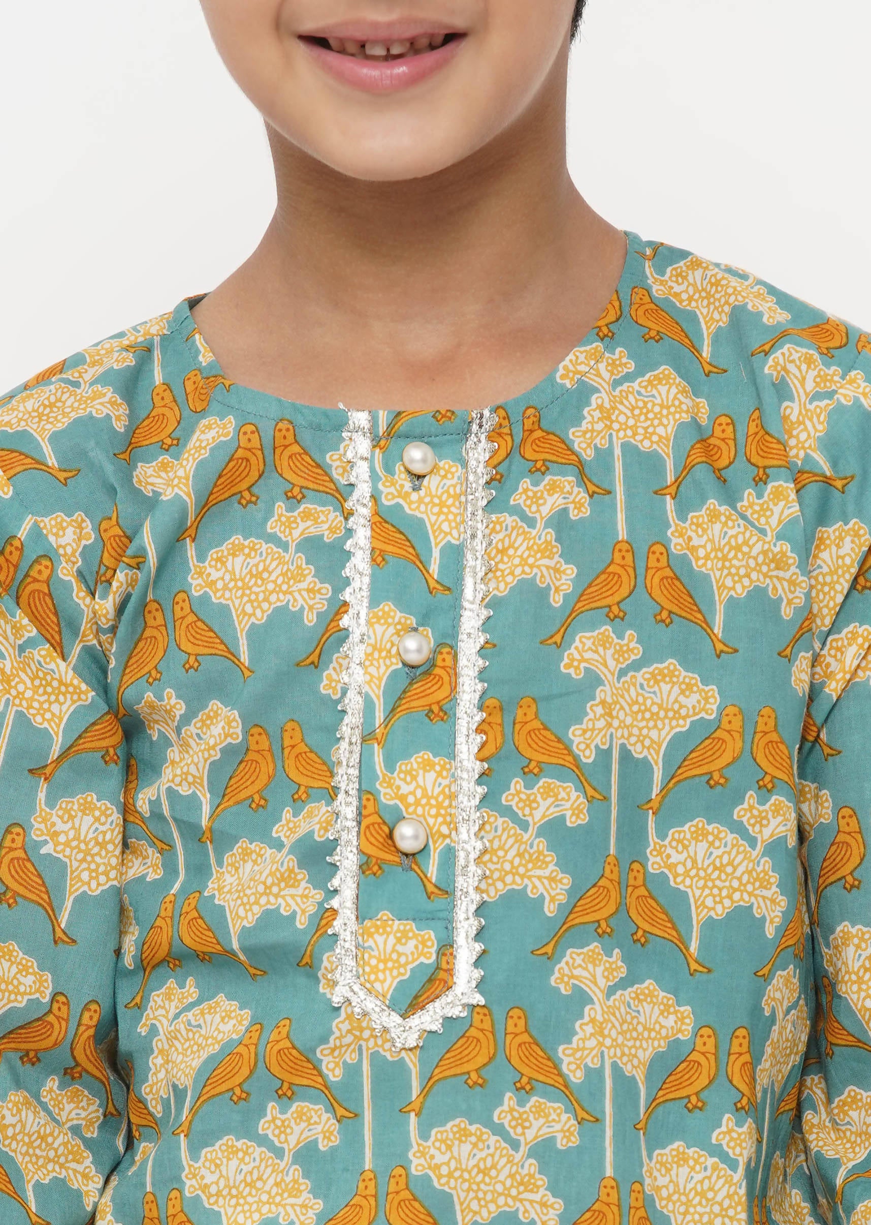Little Bansi Cotton Bird Print Kurta with Pearl Buttons & Pyjama -Blue & Cream - Distacart