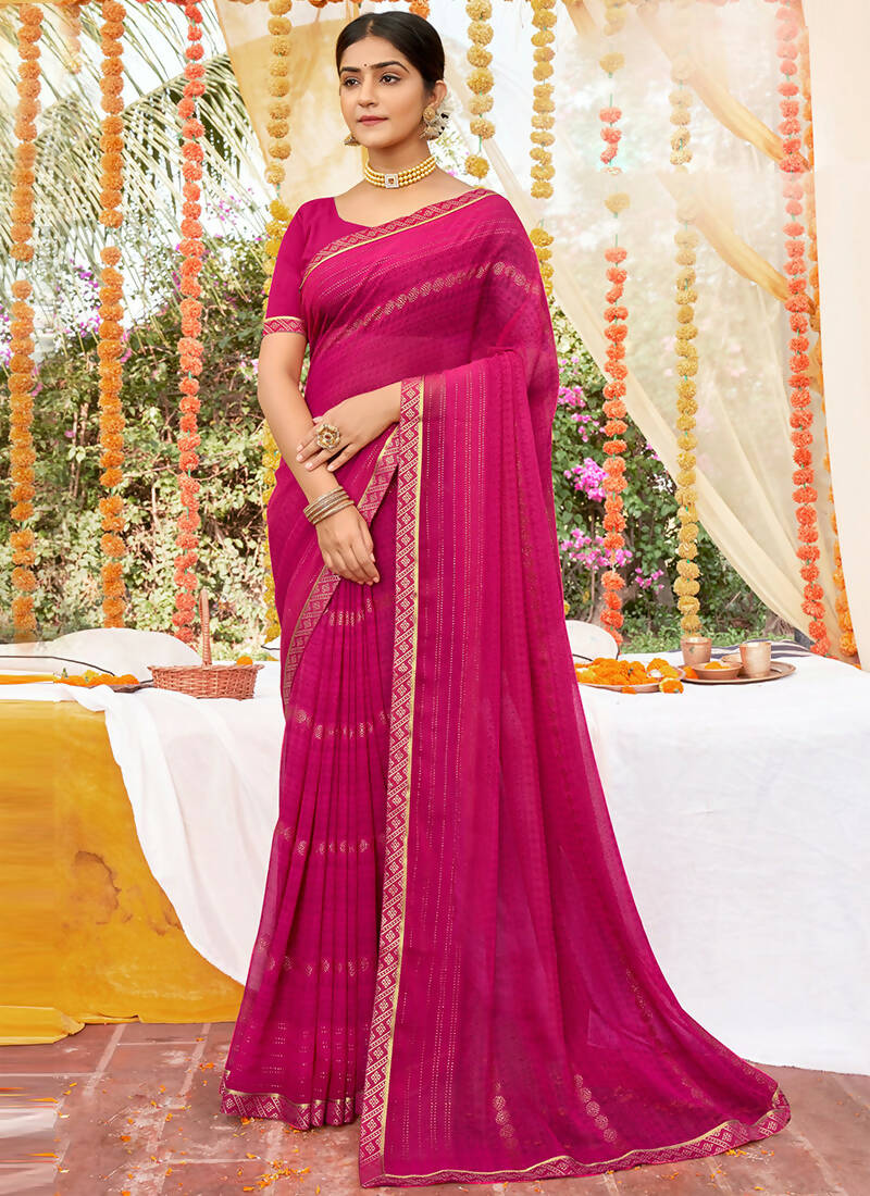 Pink Georgette Foil Printed Saree with Unstitched Blouse Piece - Avika - Distacart