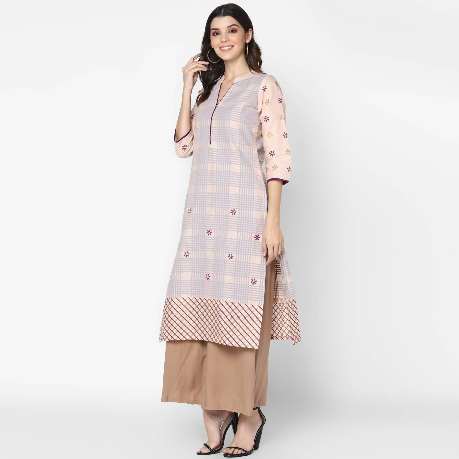 Cheera Hand Block Print Pale Pink Anarkali Kurta (MAAI-062K)