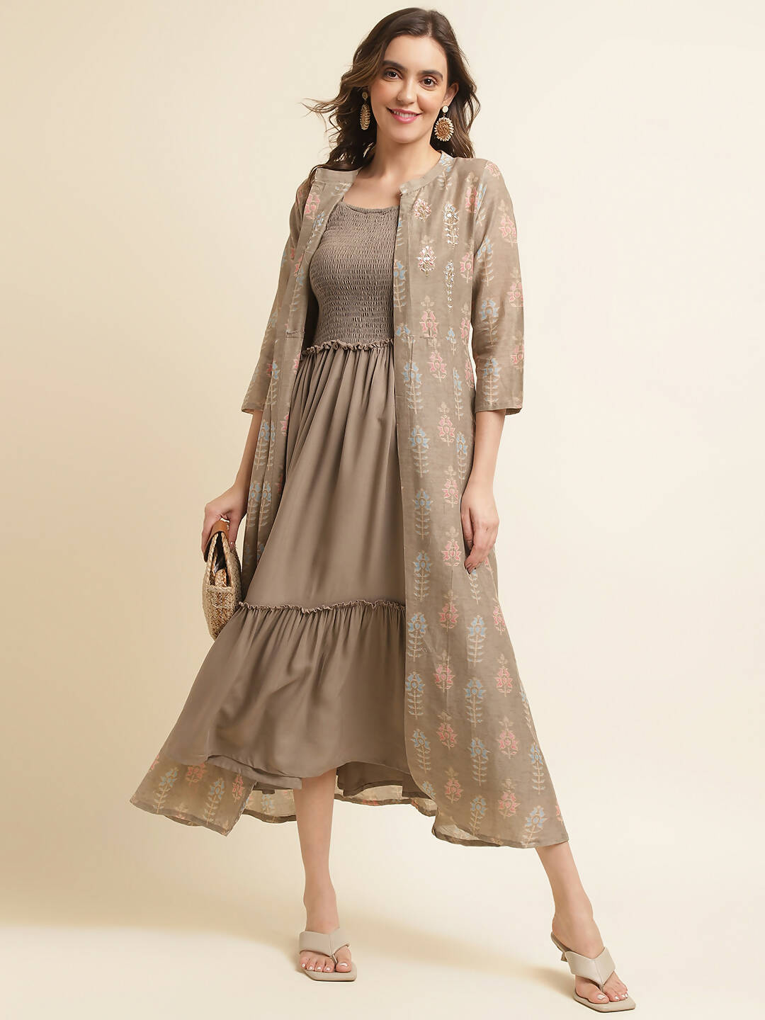 Brown Cotton Solid Flared Dress with Printed Shrug - Yukti - Distacart