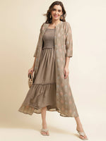 Thumbnail for Brown Cotton Solid Flared Dress with Printed Shrug - Yukti - Distacart