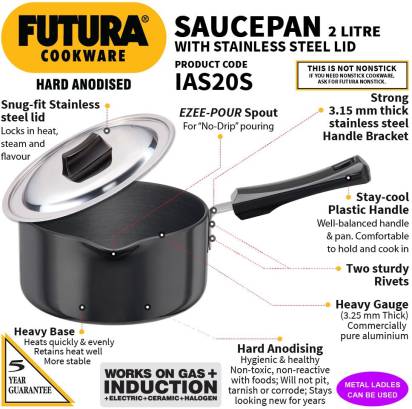 Hawkins Hard Anodised Sauce Pan 18 cm Diameter with Lid 2 L (IAS20S) - Distacart
