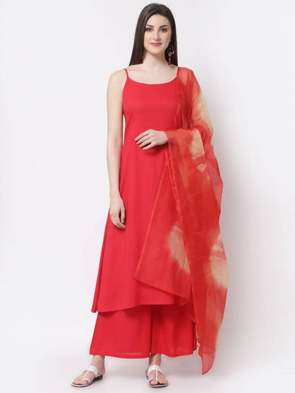 Myshka Red Color Rayon Solid Kurta With Palazzo Dupatta Set
