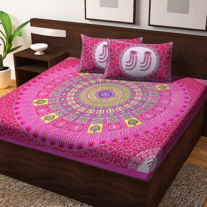 Vamika Printed Cotton Casino Pink Bedsheet With Pillow Covers 