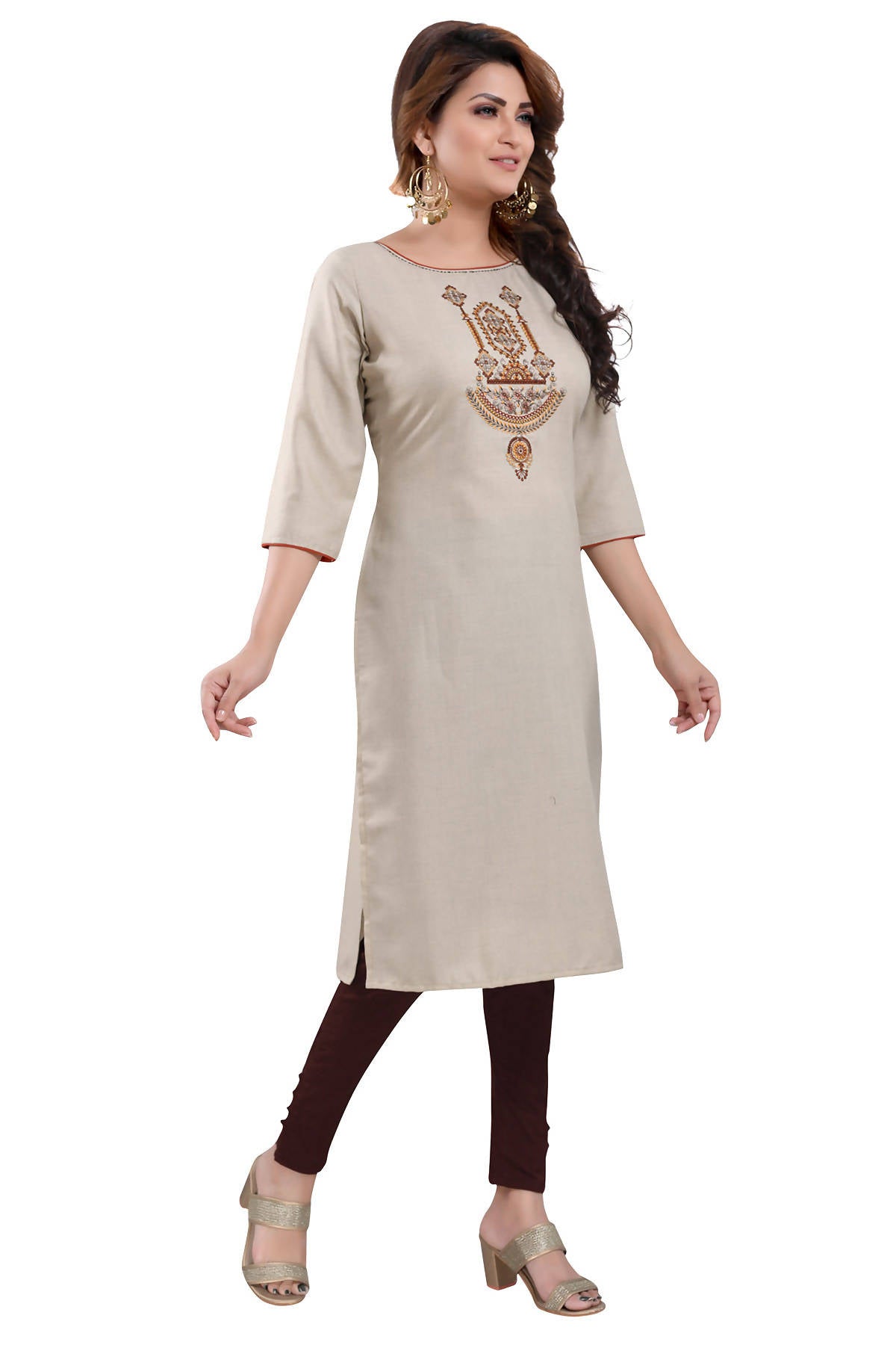 Snehal Creations Boastful Beige Color Casual Cotton Ladies Kurti With Embroidery - Distacart