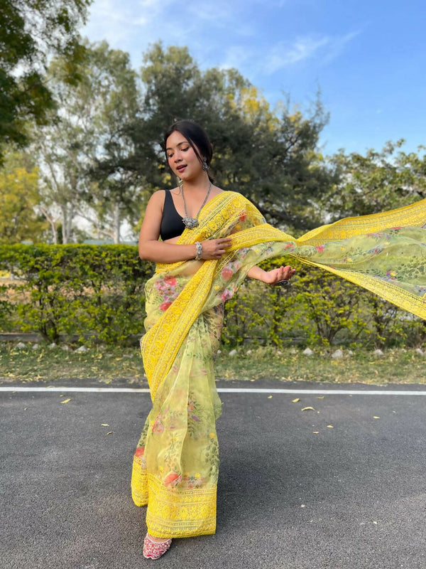 Vastrasky Yellow Organza Saree - Distacart
