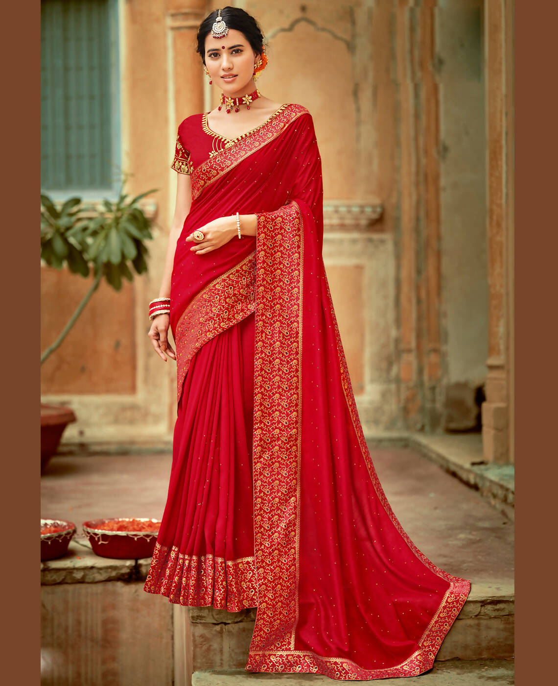 Red Vichitra Stone Work Saree With Unstitched Blouse Piece - Rosy - Distacart