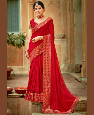 Red Vichitra Stone Work Saree With Unstitched Blouse Piece - Rosy - Distacart