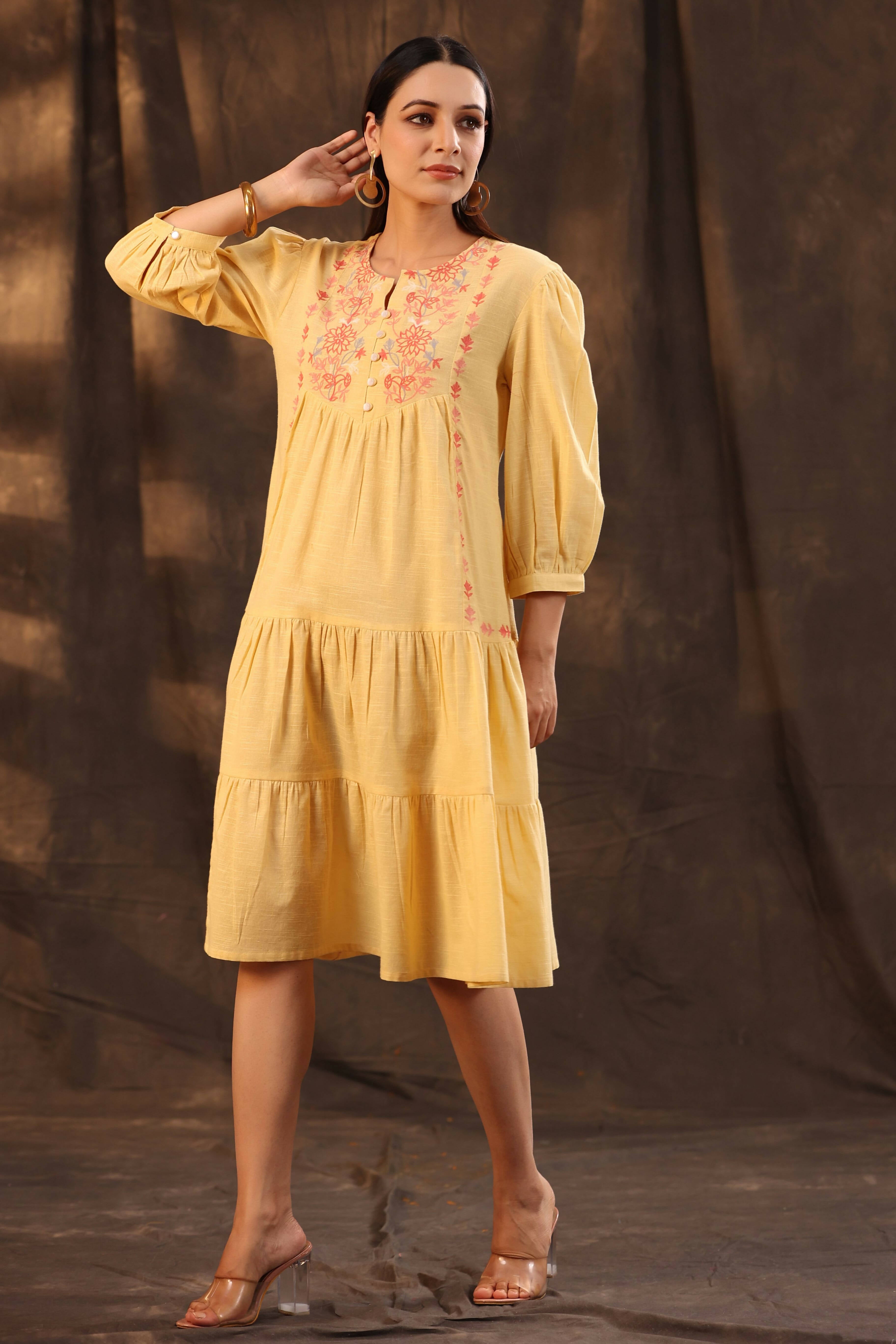 Juniper Women's Yellow Cotton Slub Solid Embroidered Tiered Dress - Distacart