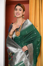 Thumbnail for Very Much Indian Handloom Dark Green Muniya Border Cotton Paithani With Parrot Pallu - Distacart