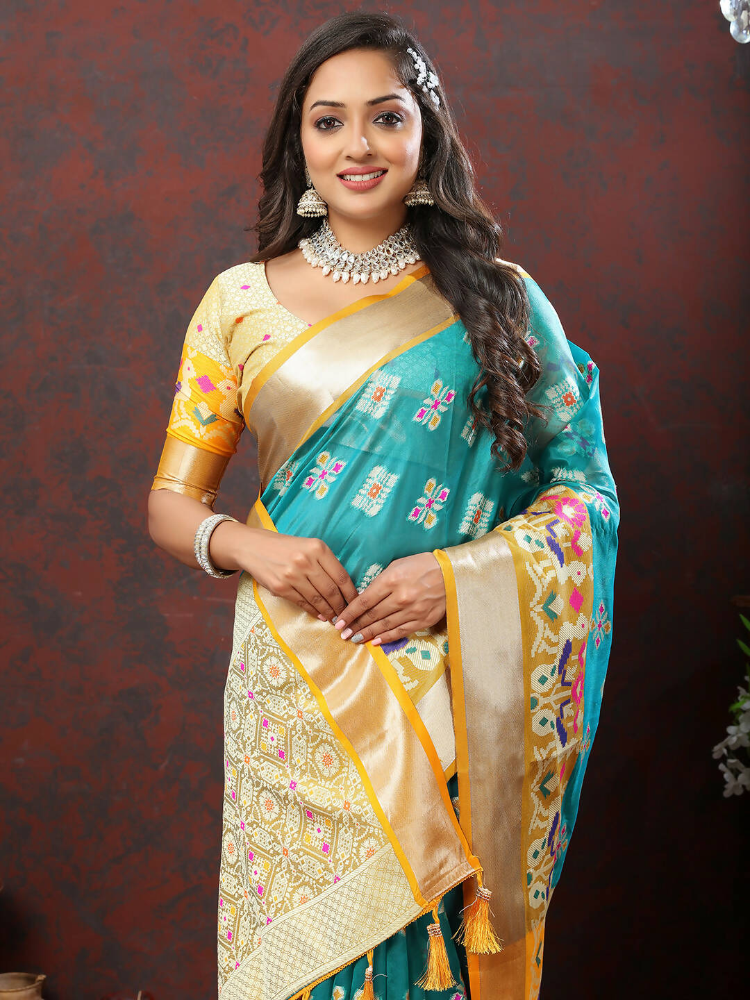 Lorenvalley Fashion Teal Organza Silk Woven Design with Meenakari Weaving Saree - Distacart