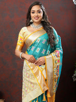 Thumbnail for Lorenvalley Fashion Teal Organza Silk Woven Design with Meenakari Weaving Saree - Distacart
