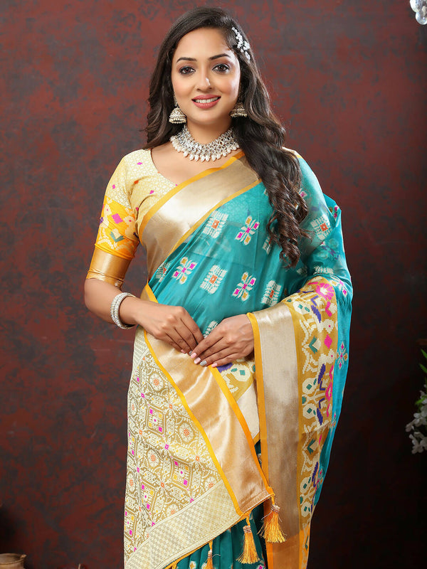 Lorenvalley Fashion Teal Organza Silk Woven Design with Meenakari Weaving Saree - Distacart
