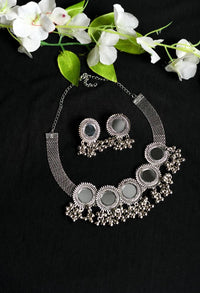 Thumbnail for Tehzeeb Creations Oxidised Necklace And Earrings With Mirror And Ghunghru Design
