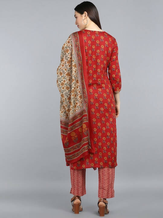 Ahika Women Maroon Ethnic Motifs Printed Pure Cotton Kurta with Trousers & With Dupatta - Distacart