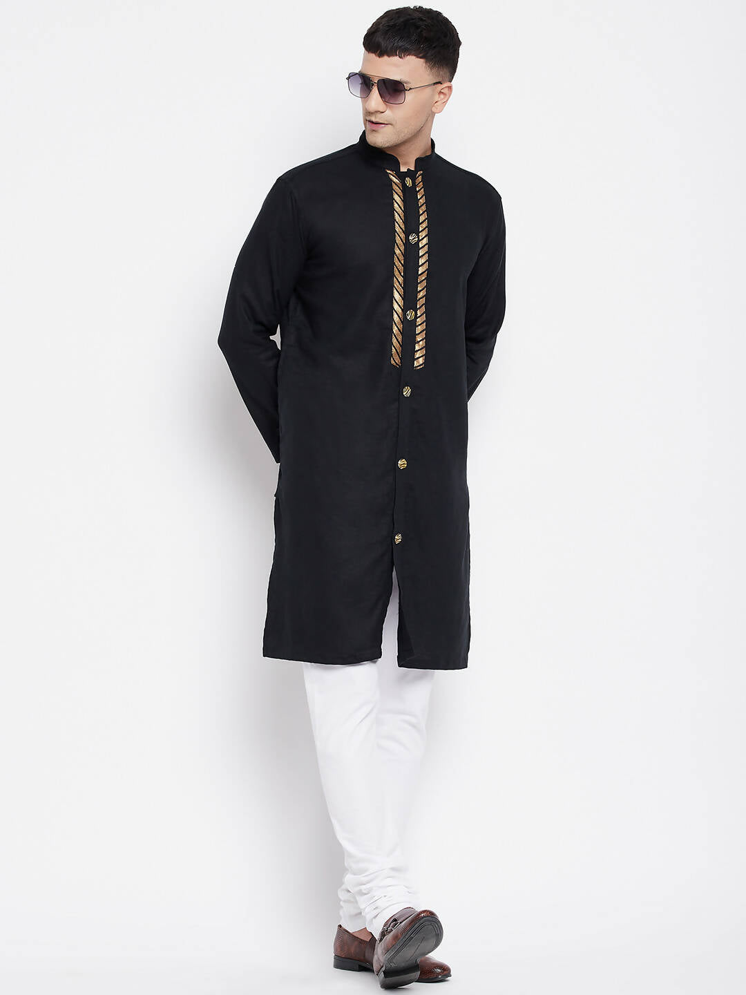 Even Apparels Black Linen Men's Sherwani Kurta With Decorative Placket - Distacart