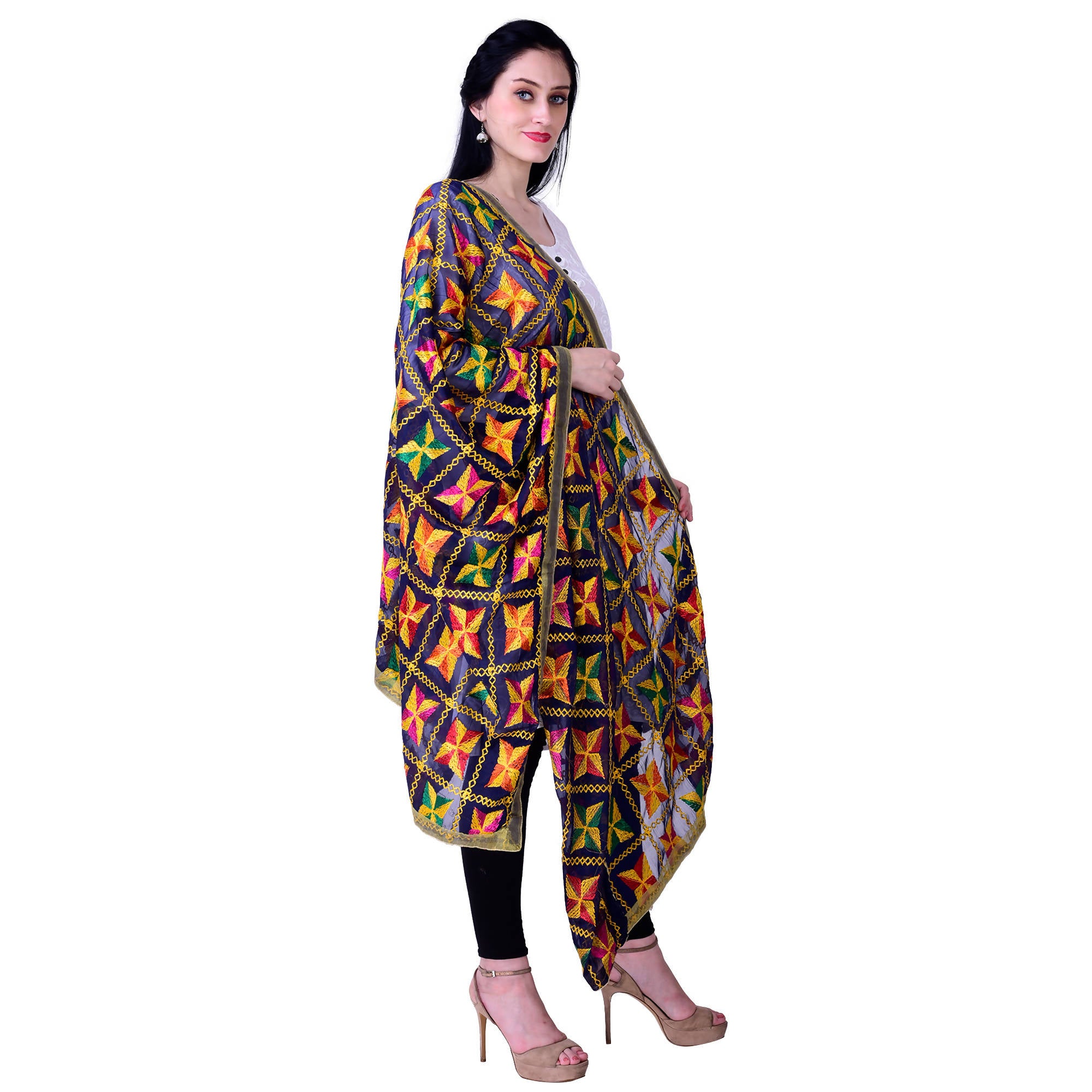 SWI Stylish Women's Embroidered Phulkari Chiffon Navy Blue Dupatta