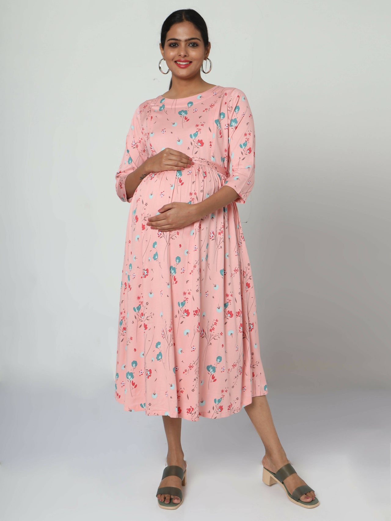 Manet Three Fourth Maternity Dress Floral Print With Concealed Zipper Nursing Access - Peach - Distacart