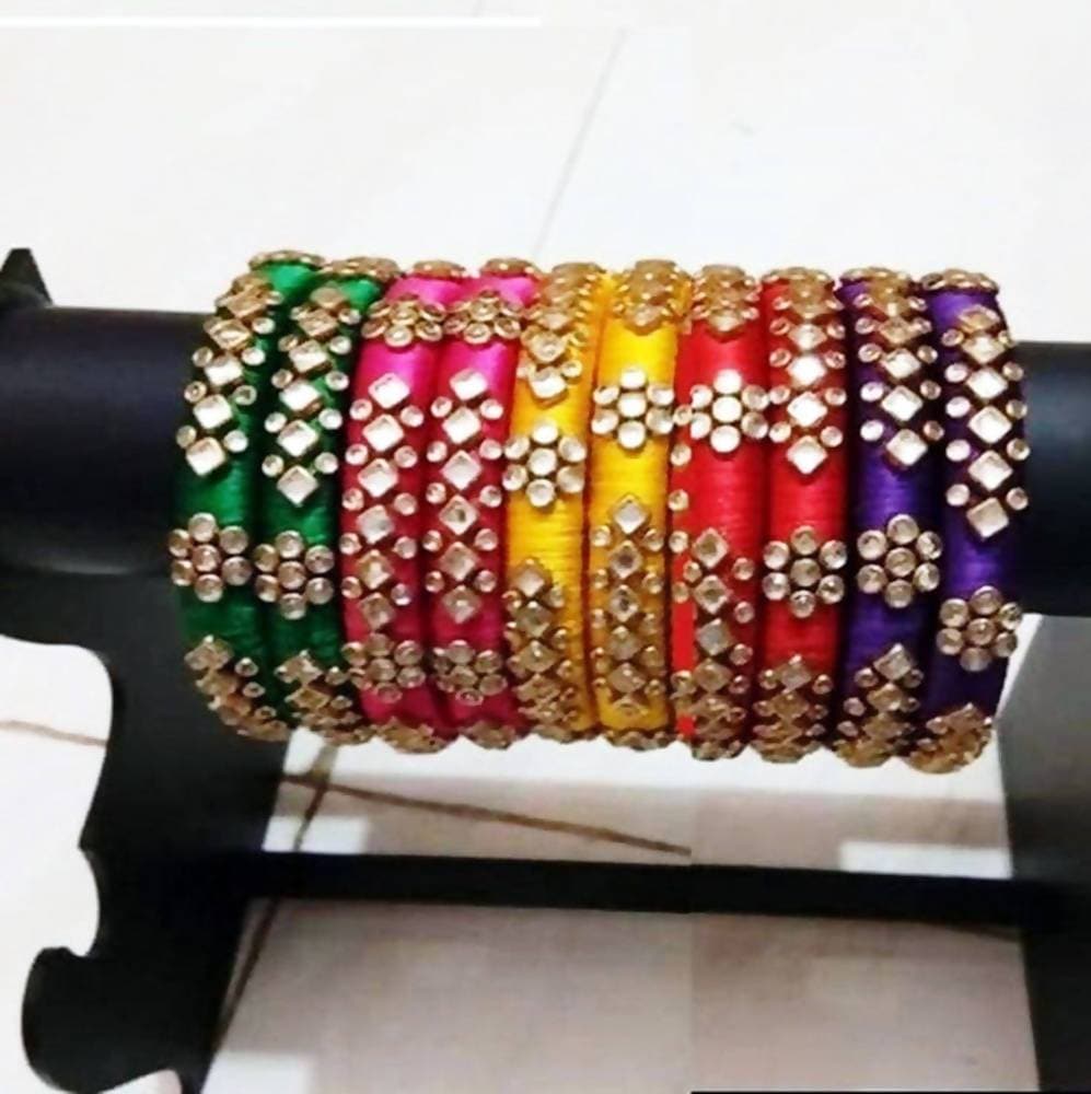 Multi Color Stoned Designer Silk Threaded Bangles Set of 5