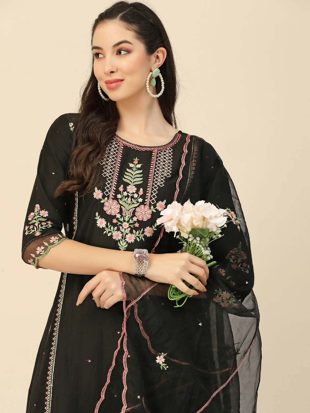 Black Embroidered Chinon Straight Kurta With Trouser & Dupatta - Salimar - Distacart