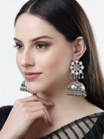 Thumbnail for NVR Women Silver Mirror Oxidised Brass-Plated Jhumka Earrings - Distacart