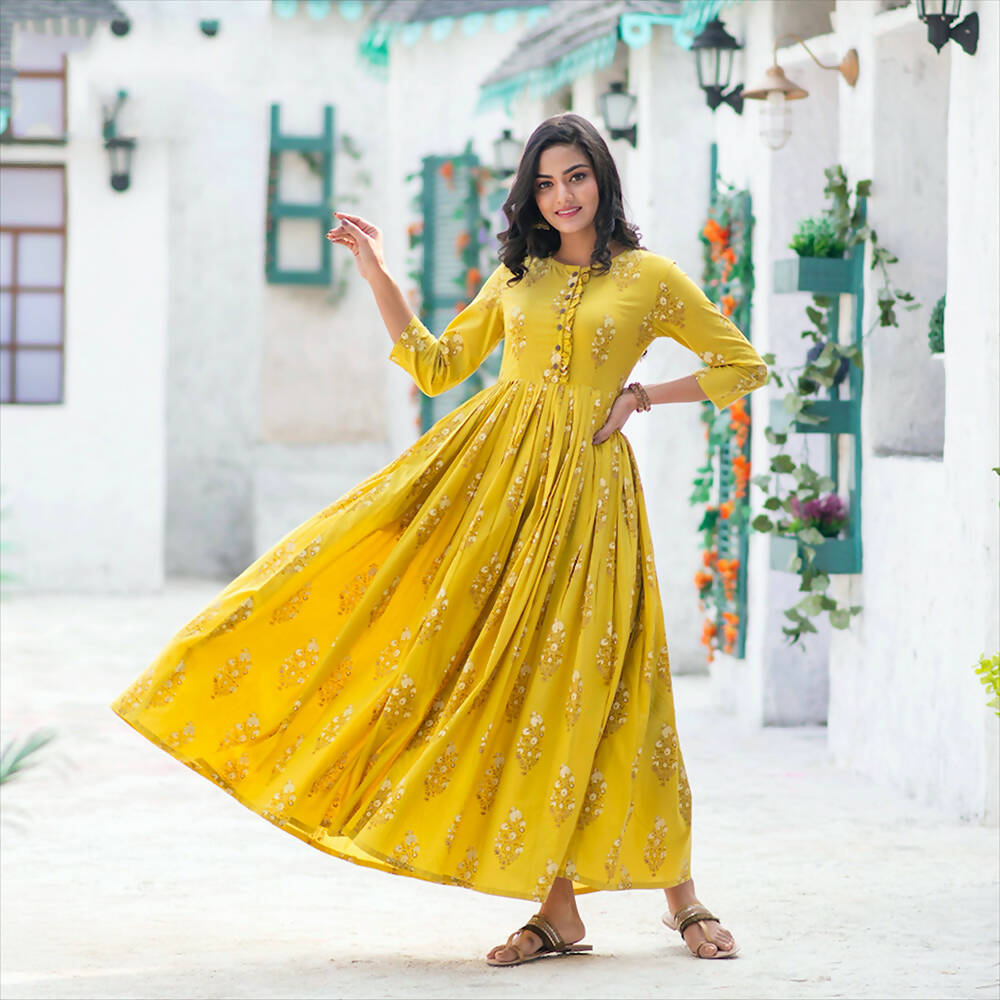 Partywear Designer Digital Printed Lemon Yellow Pure Maslin Gown - Anbazaar - Distacart