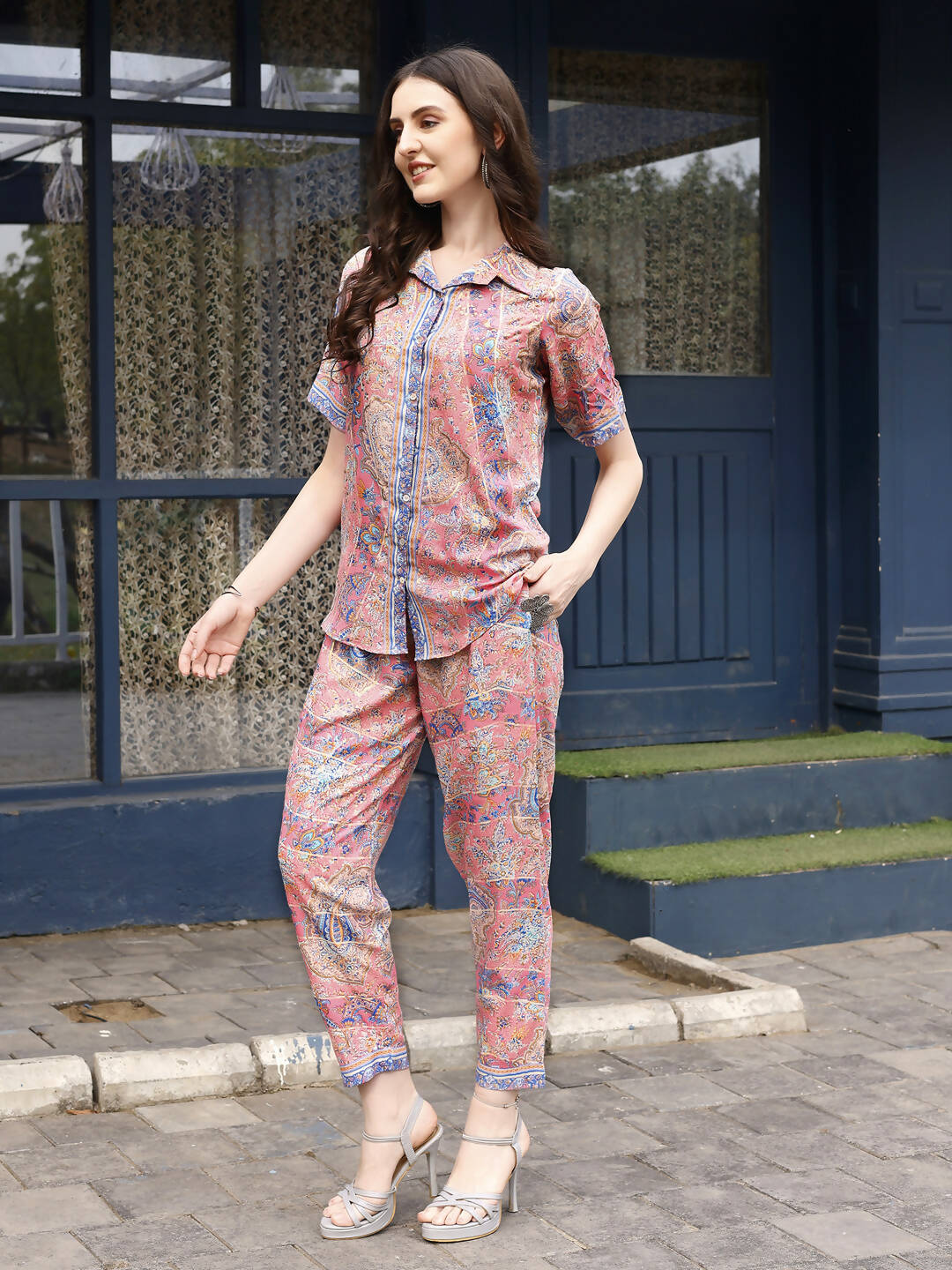 Pink Rayon Floral Printed Top with Matching Bottom - Eesha - Distacart