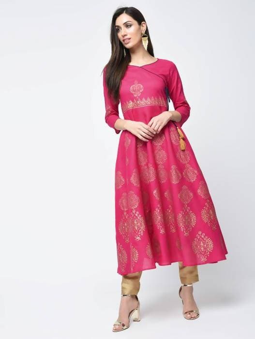 Aniyah Cotton Block Printed Angrakha Kurta Fuchsia (AN-132K)