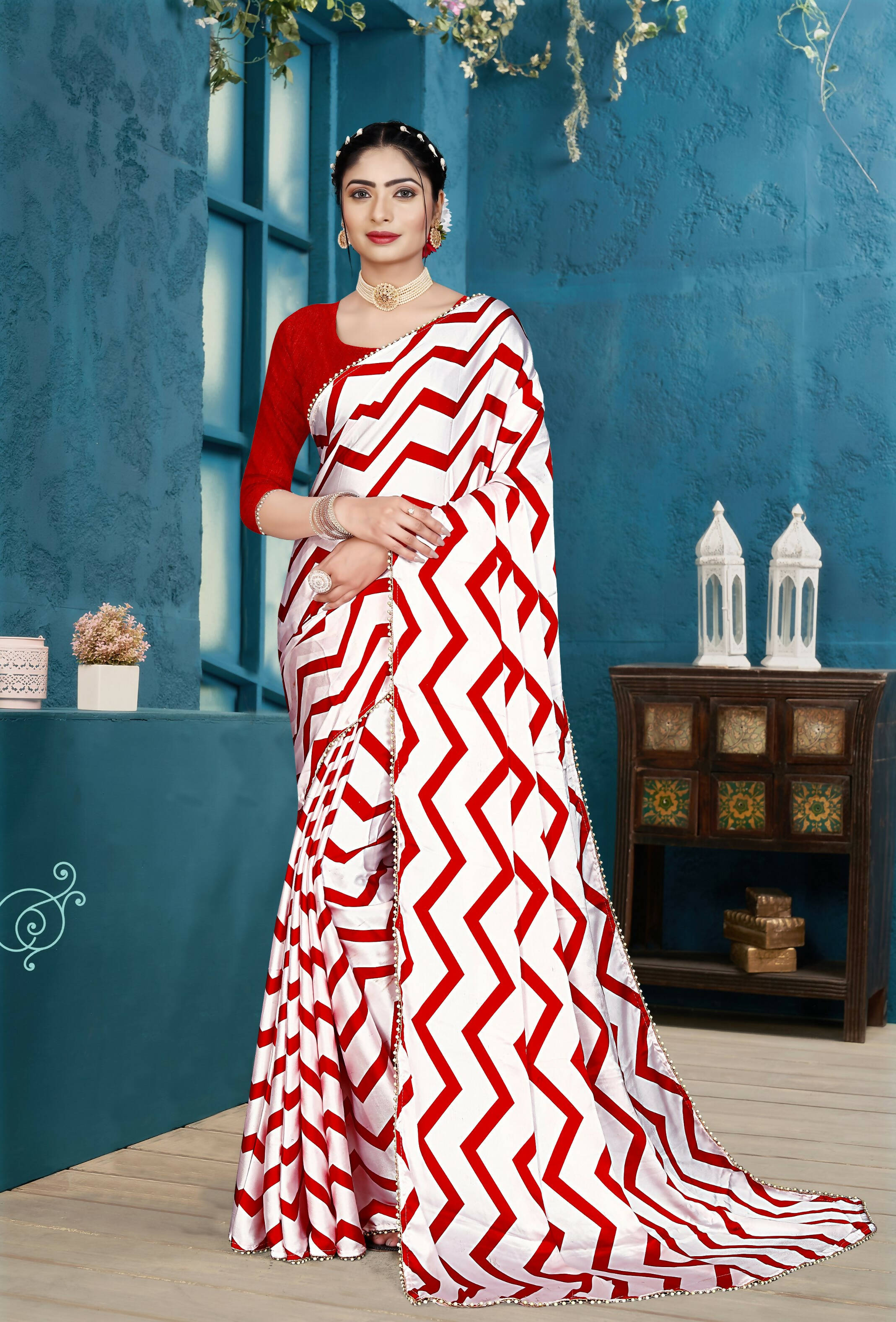Red Japan Satin Stripe Printed Saree With Unstitched Blouse Piece - Laavanya - Distacart