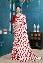 Thumbnail for Red Japan Satin Stripe Printed Saree With Unstitched Blouse Piece - Laavanya - Distacart